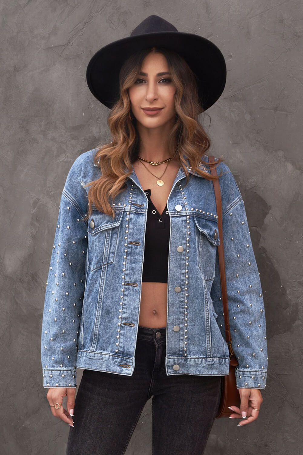 Studded Button Down Denim Jacket  | KIKI COUTURE-Women's Clothing, Designer Fashions, Shoes, Bags