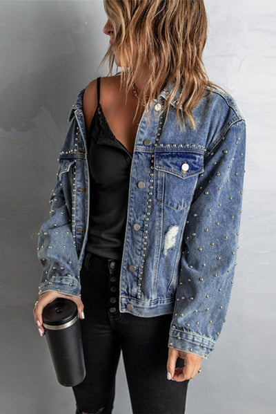 Studded Button Down Denim Jacket  | KIKI COUTURE-Women's Clothing, Designer Fashions, Shoes, Bags