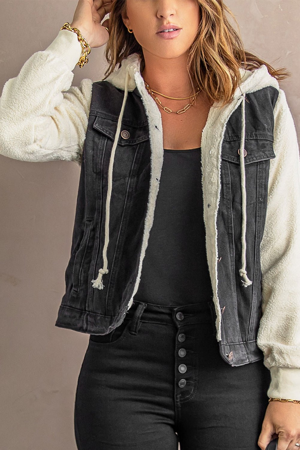 Two-Tone Spliced Denim Sherpa Hooded Jacket  | KIKI COUTURE-Women's Clothing, Designer Fashions, Shoes, Bags