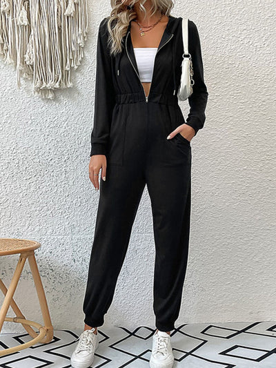Zip Up Elastic Waist Hooded Jogger Jumpsuit  | KIKI COUTURE-Women's Clothing, Designer Fashions, Shoes, Bags